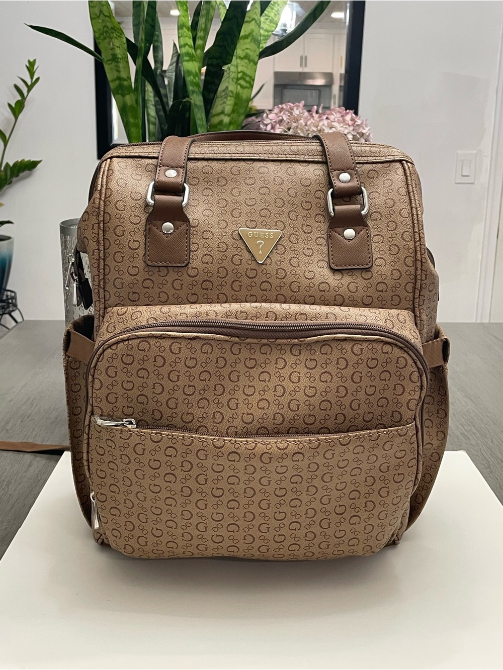 GUESS Tan/Brown Monogram Backpack with Front Pocket